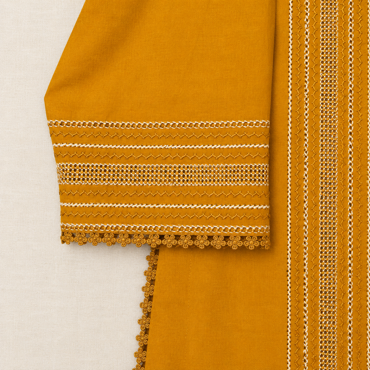 Mustard Tarkashi Embroidered Kurta And Printed shalwar2-Piece Set On karandy Winter Fabric