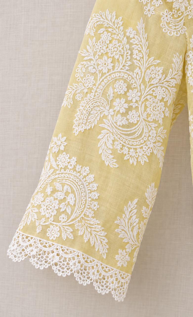 Luxury Lemon Yellow Pure Thread  Embroidered 3-Piece Suit .