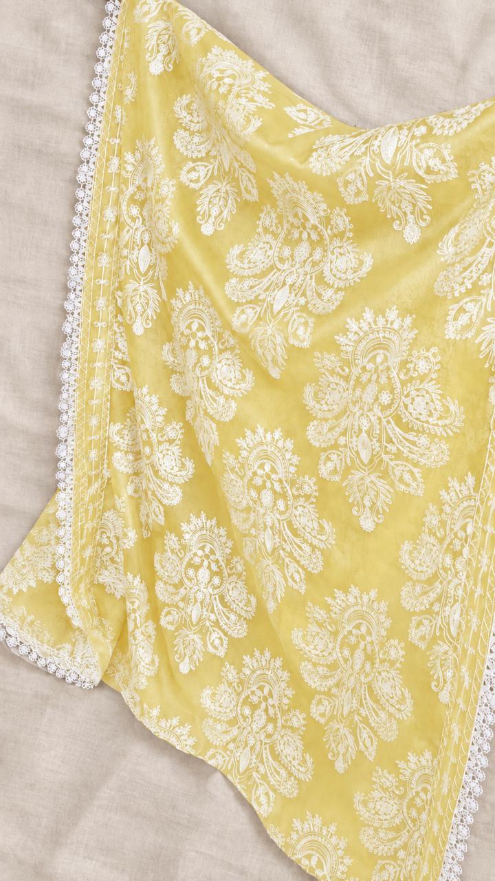 Luxury Lemon Yellow Pure Thread  Embroidered 3-Piece Suit .