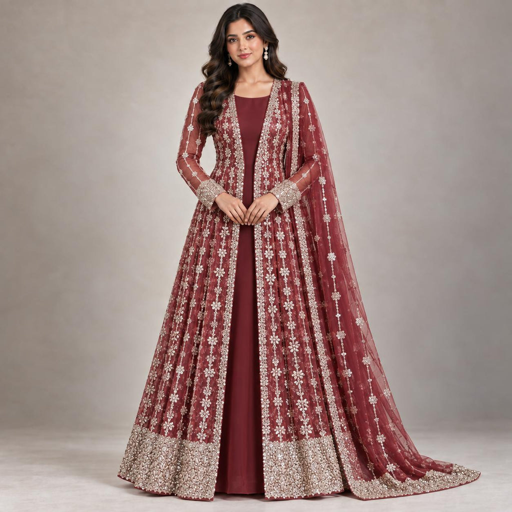 Maroon Majesty – Embroidered Bridal Gown with Dupatta.